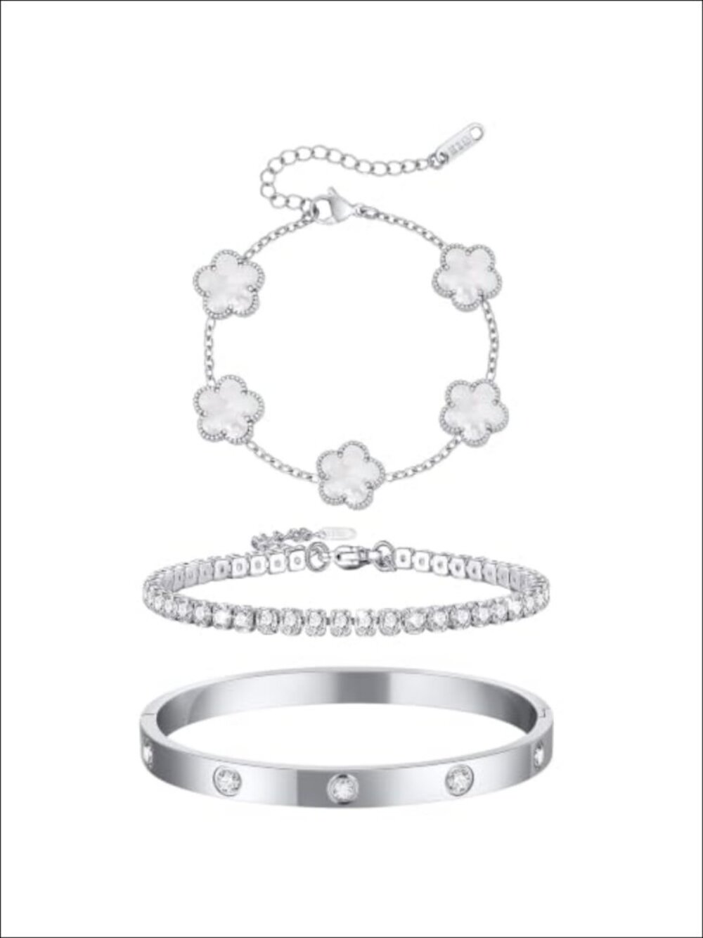 Stackable Silver Bracelet Set Stainless Steel CZ 3 Pc Layered Jewelry